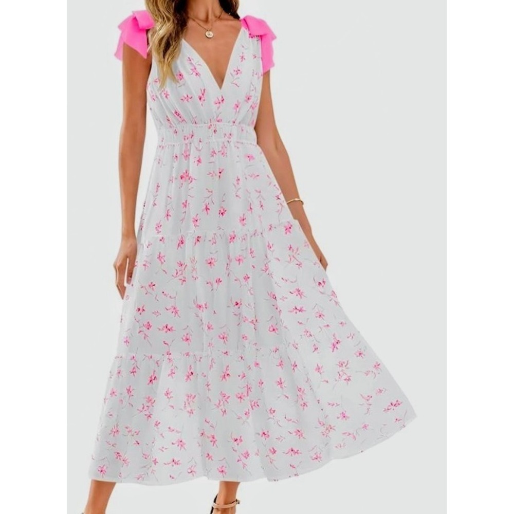 Wenrine Women White Pink Floral Tiered Bow Tie‎ Shoulder Straps Dress Size L